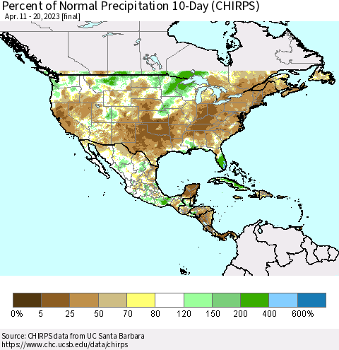 North America Percent of Normal Precipitation 10-Day (CHIRPS) Thematic Map For 4/11/2023 - 4/20/2023