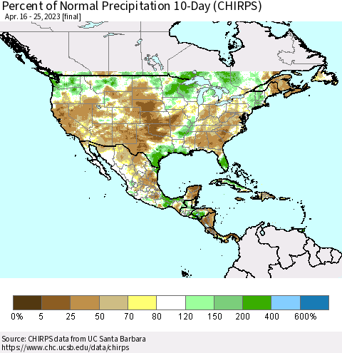 North America Percent of Normal Precipitation 10-Day (CHIRPS) Thematic Map For 4/16/2023 - 4/25/2023