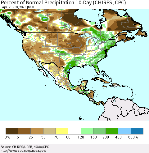 North America Percent of Normal Precipitation 10-Day (CHIRPS) Thematic Map For 4/21/2023 - 4/30/2023
