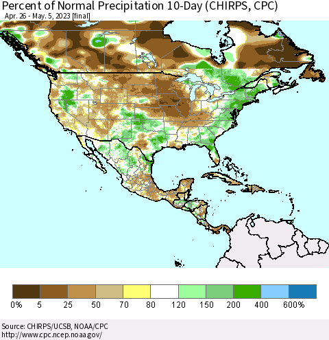North America Percent of Normal Precipitation 10-Day (CHIRPS) Thematic Map For 4/26/2023 - 5/5/2023