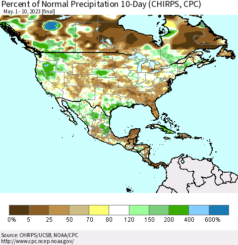 North America Percent of Normal Precipitation 10-Day (CHIRPS) Thematic Map For 5/1/2023 - 5/10/2023