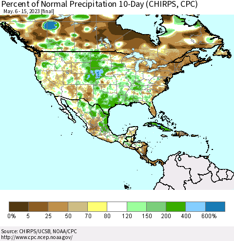 North America Percent of Normal Precipitation 10-Day (CHIRPS) Thematic Map For 5/6/2023 - 5/15/2023