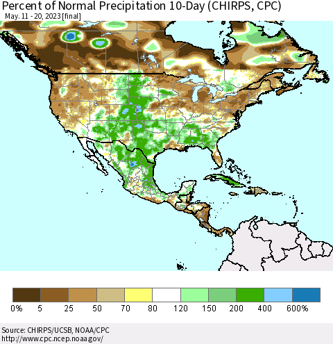 North America Percent of Normal Precipitation 10-Day (CHIRPS) Thematic Map For 5/11/2023 - 5/20/2023