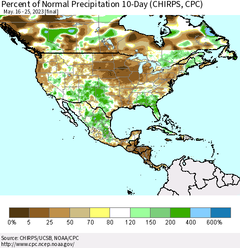 North America Percent of Normal Precipitation 10-Day (CHIRPS) Thematic Map For 5/16/2023 - 5/25/2023
