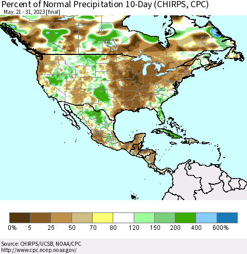 North America Percent of Normal Precipitation 10-Day (CHIRPS) Thematic Map For 5/21/2023 - 5/31/2023