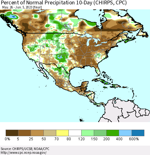 North America Percent of Normal Precipitation 10-Day (CHIRPS) Thematic Map For 5/26/2023 - 6/5/2023