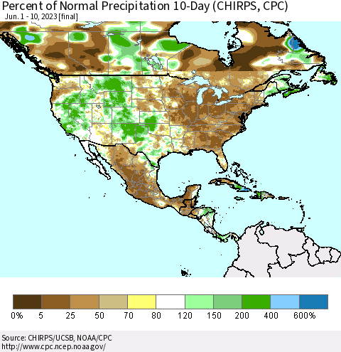 North America Percent of Normal Precipitation 10-Day (CHIRPS) Thematic Map For 6/1/2023 - 6/10/2023
