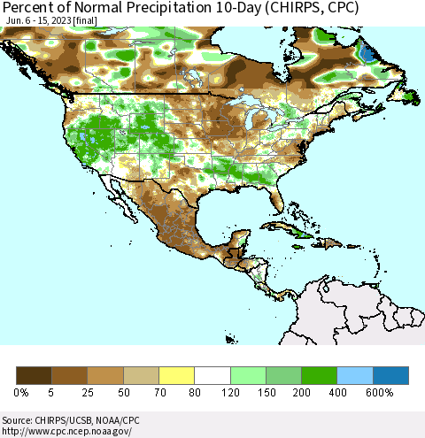 North America Percent of Normal Precipitation 10-Day (CHIRPS) Thematic Map For 6/6/2023 - 6/15/2023