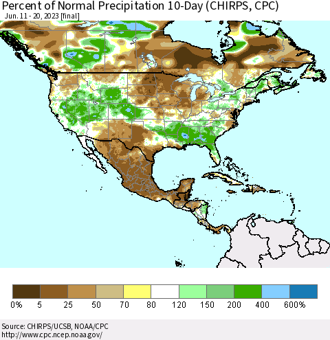 North America Percent of Normal Precipitation 10-Day (CHIRPS) Thematic Map For 6/11/2023 - 6/20/2023