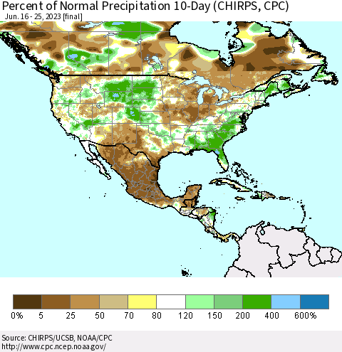 North America Percent of Normal Precipitation 10-Day (CHIRPS) Thematic Map For 6/16/2023 - 6/25/2023