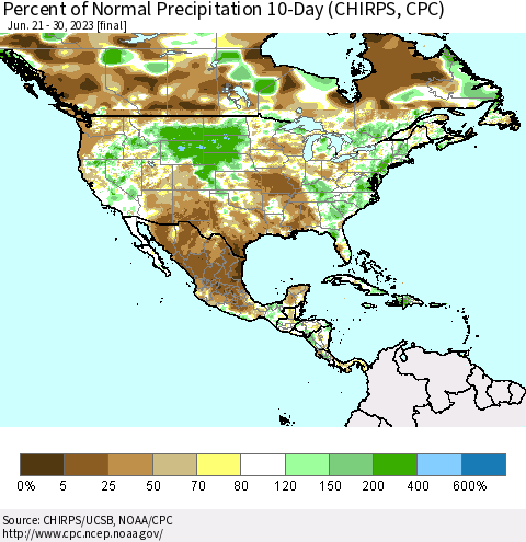 North America Percent of Normal Precipitation 10-Day (CHIRPS) Thematic Map For 6/21/2023 - 6/30/2023