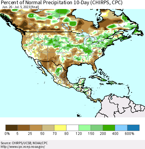 North America Percent of Normal Precipitation 10-Day (CHIRPS) Thematic Map For 6/26/2023 - 7/5/2023