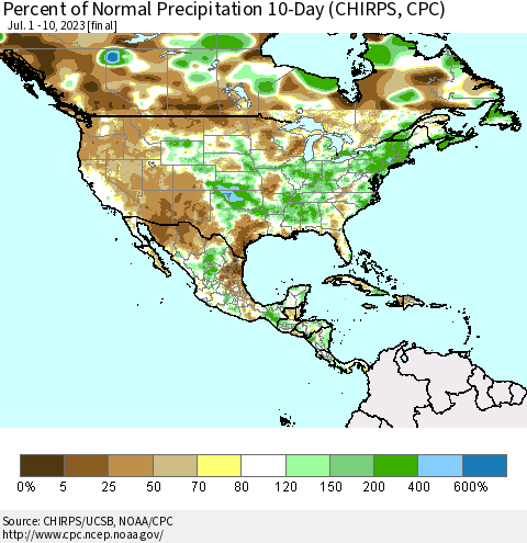 North America Percent of Normal Precipitation 10-Day (CHIRPS) Thematic Map For 7/1/2023 - 7/10/2023