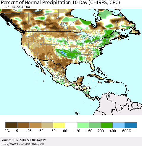 North America Percent of Normal Precipitation 10-Day (CHIRPS) Thematic Map For 7/6/2023 - 7/15/2023