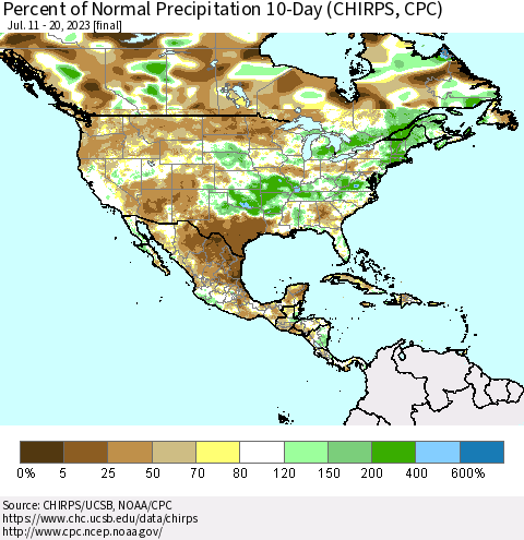 North America Percent of Normal Precipitation 10-Day (CHIRPS) Thematic Map For 7/11/2023 - 7/20/2023