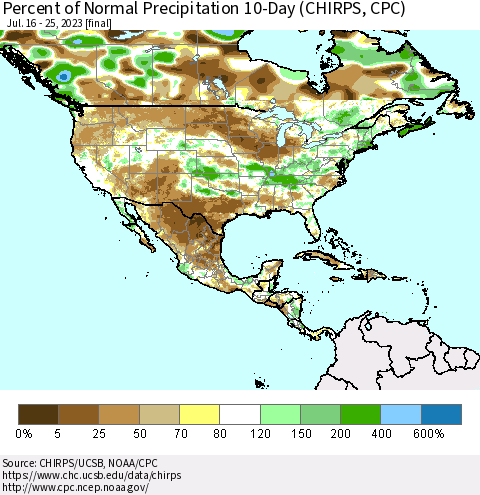 North America Percent of Normal Precipitation 10-Day (CHIRPS) Thematic Map For 7/16/2023 - 7/25/2023