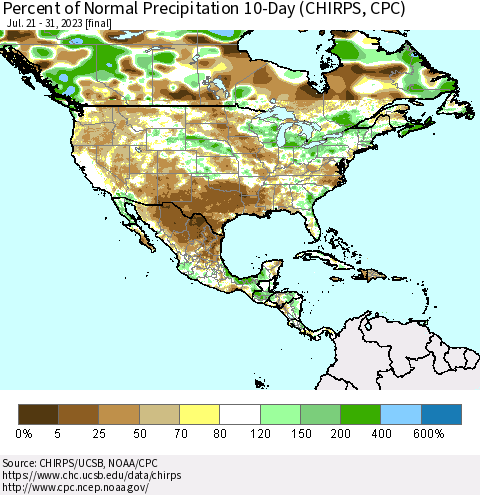 North America Percent of Normal Precipitation 10-Day (CHIRPS) Thematic Map For 7/21/2023 - 7/31/2023