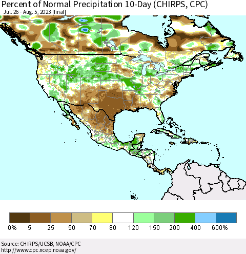 North America Percent of Normal Precipitation 10-Day (CHIRPS) Thematic Map For 7/26/2023 - 8/5/2023