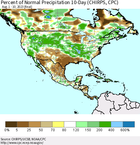 North America Percent of Normal Precipitation 10-Day (CHIRPS) Thematic Map For 8/1/2023 - 8/10/2023