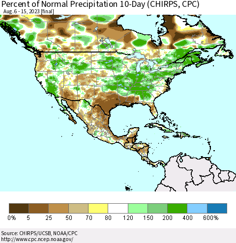 North America Percent of Normal Precipitation 10-Day (CHIRPS) Thematic Map For 8/6/2023 - 8/15/2023
