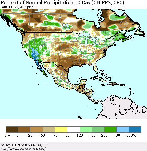 North America Percent of Normal Precipitation 10-Day (CHIRPS) Thematic Map For 8/11/2023 - 8/20/2023