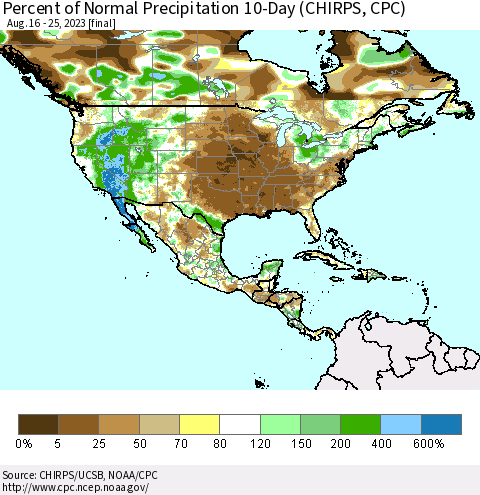 North America Percent of Normal Precipitation 10-Day (CHIRPS) Thematic Map For 8/16/2023 - 8/25/2023