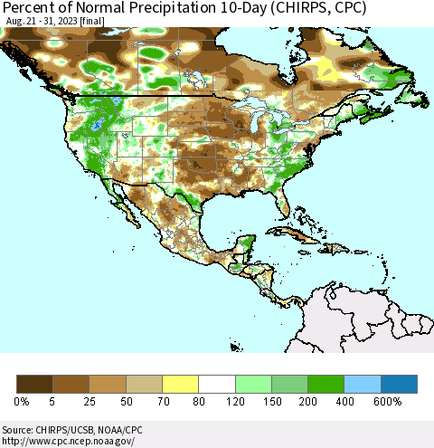 North America Percent of Normal Precipitation 10-Day (CHIRPS) Thematic Map For 8/21/2023 - 8/31/2023