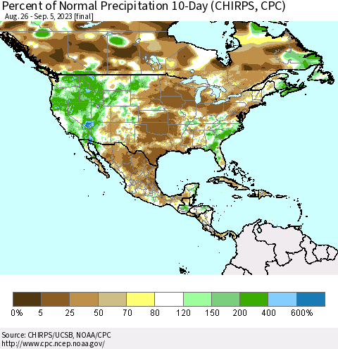 North America Percent of Normal Precipitation 10-Day (CHIRPS) Thematic Map For 8/26/2023 - 9/5/2023