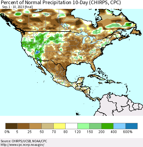 North America Percent of Normal Precipitation 10-Day (CHIRPS) Thematic Map For 9/1/2023 - 9/10/2023