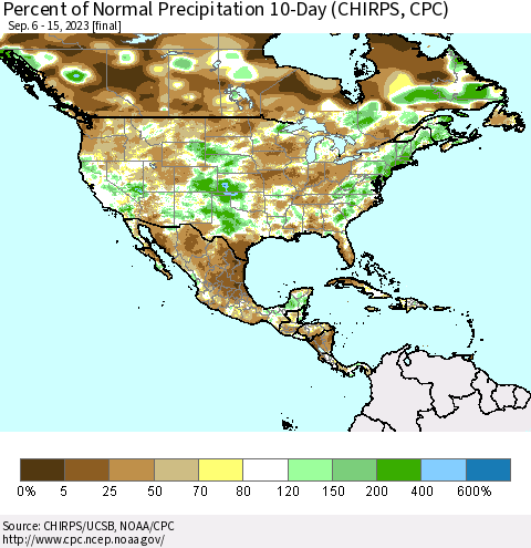 North America Percent of Normal Precipitation 10-Day (CHIRPS) Thematic Map For 9/6/2023 - 9/15/2023
