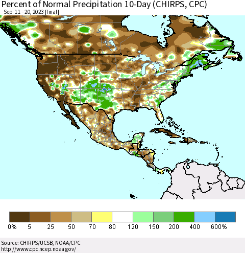 North America Percent of Normal Precipitation 10-Day (CHIRPS) Thematic Map For 9/11/2023 - 9/20/2023