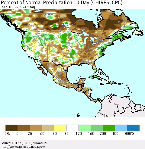 North America Percent of Normal Precipitation 10-Day (CHIRPS) Thematic Map For 9/16/2023 - 9/25/2023