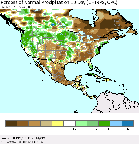North America Percent of Normal Precipitation 10-Day (CHIRPS) Thematic Map For 9/21/2023 - 9/30/2023
