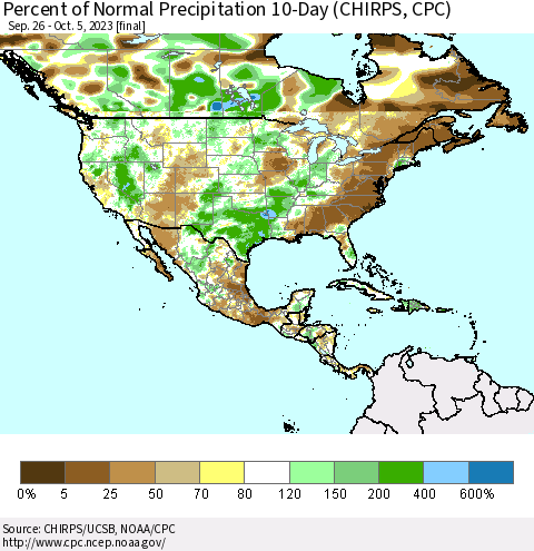 North America Percent of Normal Precipitation 10-Day (CHIRPS) Thematic Map For 9/26/2023 - 10/5/2023