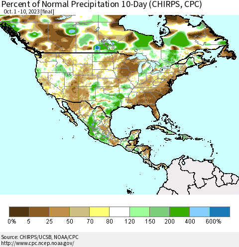North America Percent of Normal Precipitation 10-Day (CHIRPS) Thematic Map For 10/1/2023 - 10/10/2023