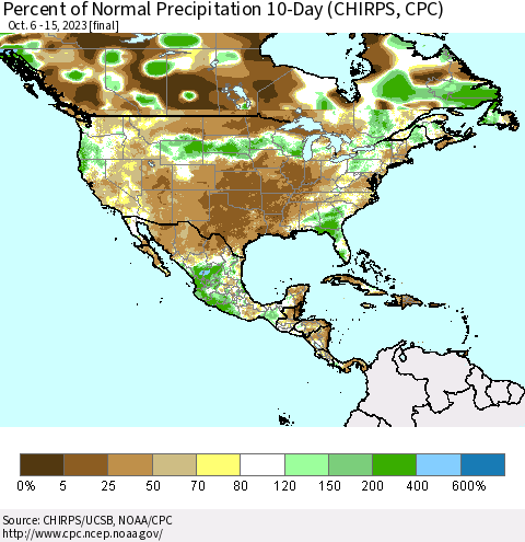 North America Percent of Normal Precipitation 10-Day (CHIRPS) Thematic Map For 10/6/2023 - 10/15/2023