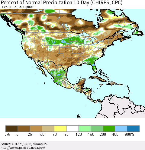 North America Percent of Normal Precipitation 10-Day (CHIRPS) Thematic Map For 10/11/2023 - 10/20/2023