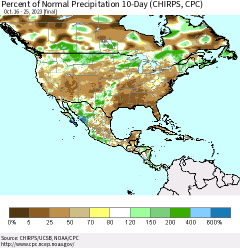 North America Percent of Normal Precipitation 10-Day (CHIRPS) Thematic Map For 10/16/2023 - 10/25/2023