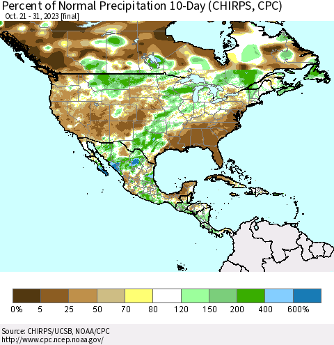 North America Percent of Normal Precipitation 10-Day (CHIRPS) Thematic Map For 10/21/2023 - 10/31/2023