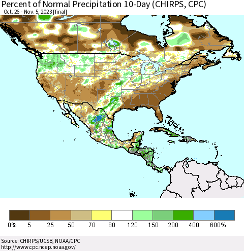 North America Percent of Normal Precipitation 10-Day (CHIRPS) Thematic Map For 10/26/2023 - 11/5/2023