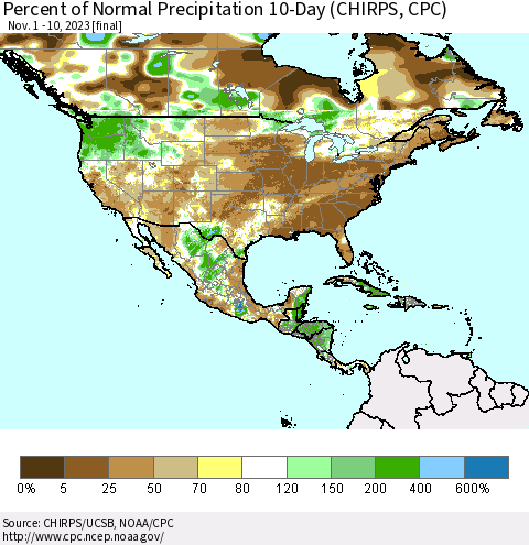 North America Percent of Normal Precipitation 10-Day (CHIRPS) Thematic Map For 11/1/2023 - 11/10/2023
