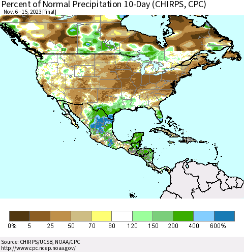 North America Percent of Normal Precipitation 10-Day (CHIRPS) Thematic Map For 11/6/2023 - 11/15/2023