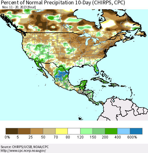 North America Percent of Normal Precipitation 10-Day (CHIRPS) Thematic Map For 11/11/2023 - 11/20/2023