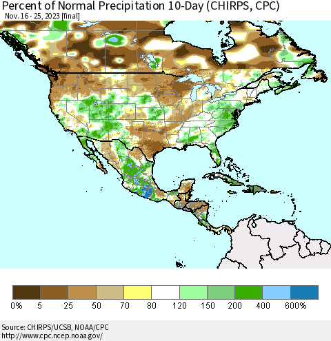 North America Percent of Normal Precipitation 10-Day (CHIRPS) Thematic Map For 11/16/2023 - 11/25/2023