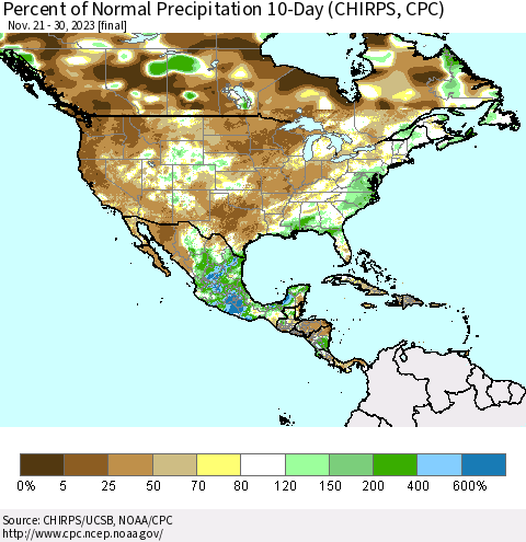 North America Percent of Normal Precipitation 10-Day (CHIRPS) Thematic Map For 11/21/2023 - 11/30/2023