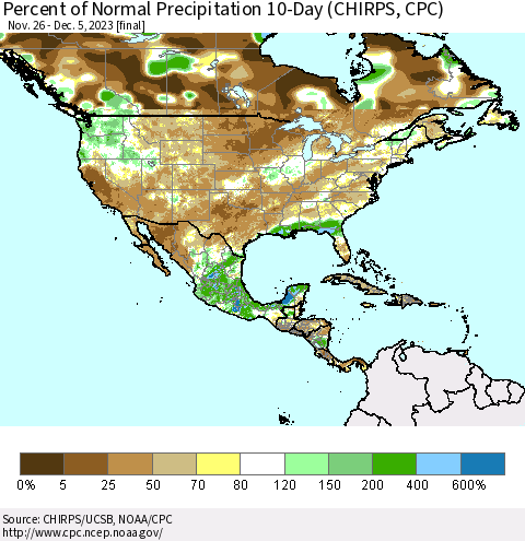 North America Percent of Normal Precipitation 10-Day (CHIRPS) Thematic Map For 11/26/2023 - 12/5/2023