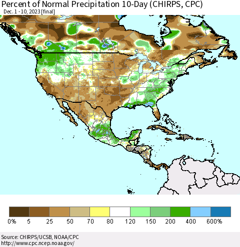 North America Percent of Normal Precipitation 10-Day (CHIRPS) Thematic Map For 12/1/2023 - 12/10/2023
