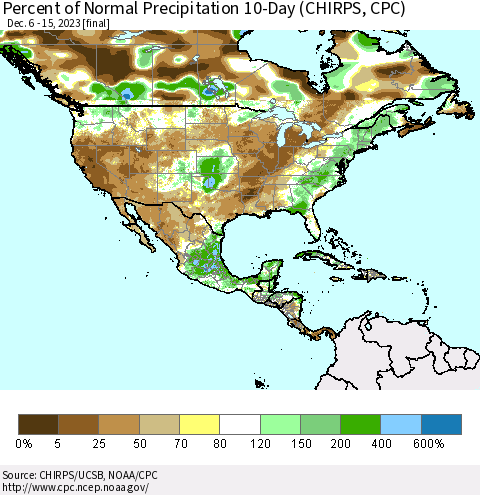 North America Percent of Normal Precipitation 10-Day (CHIRPS) Thematic Map For 12/6/2023 - 12/15/2023