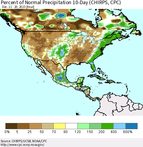 North America Percent of Normal Precipitation 10-Day (CHIRPS) Thematic Map For 12/11/2023 - 12/20/2023
