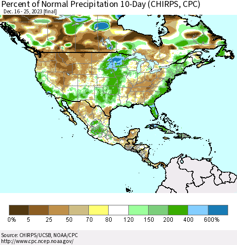 North America Percent of Normal Precipitation 10-Day (CHIRPS) Thematic Map For 12/16/2023 - 12/25/2023